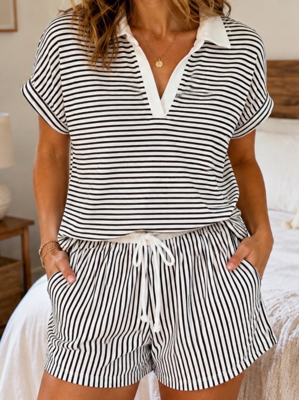 Zenana Outfitters Brown & White Striped Lounge Short Set new